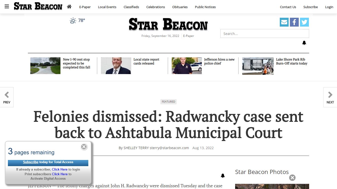 Felonies dismissed: Radwancky case sent back to Ashtabula Municipal Court